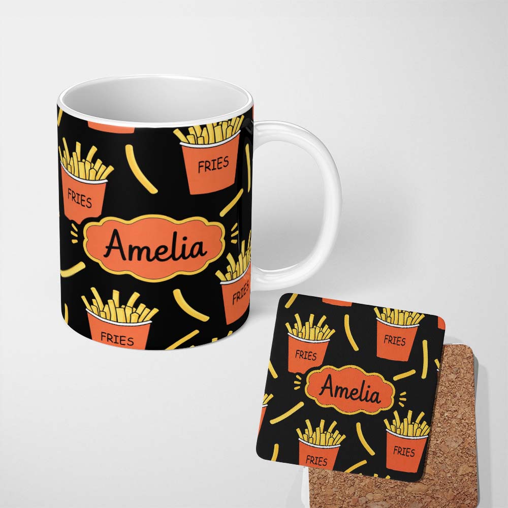 Personalized Custom Name Cute Kawaii French Fries Black Background Seamless Pattern Name 11oz Ceramic Coffee Tea Mug White Large Handle