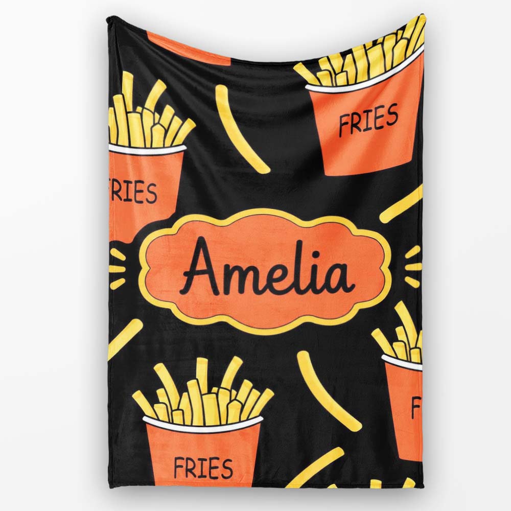 Cute Kawaii French Fries Black Background Seamless Pattern Name Personalised Custom Name Super Soft Fleece Blanket Bed Sofa Throw