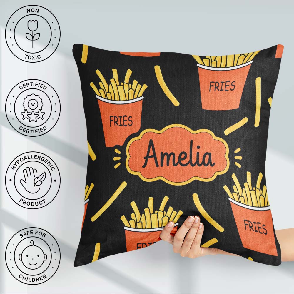 Custom Name Cute Kawaii French Fries Black Seamless Pattern Name Square Filled Cushion Throw Pillow Sofa Bed Home Decor Zip Washable UK Made