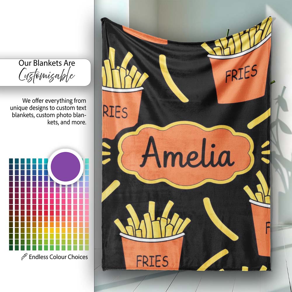 Cute Kawaii French Fries Black Background Seamless Pattern Name Personalised Custom Name Super Soft Fleece Blanket Bed Sofa Throw