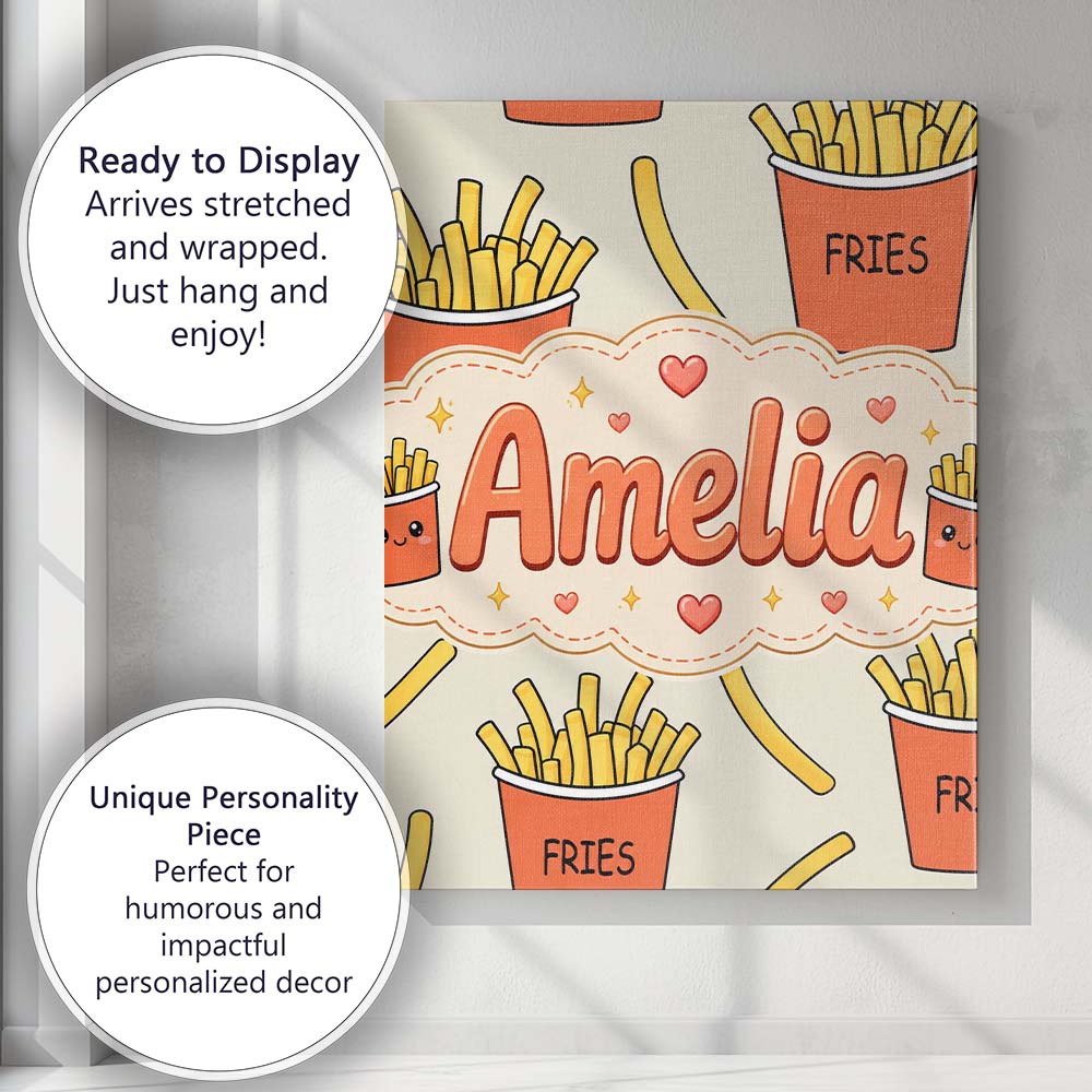 Personalised Name Cute Kawaii French Fries Custom Unique Gift Idea Elegant Feature Canvas Wall Art Print Decor Picture Ready to Hang