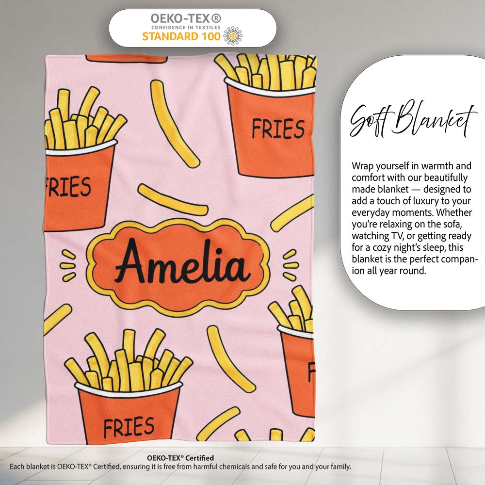 Cute Kawaii French Fries Soft Pink Background Seamless Pattern Personalised Custom Name Super Soft Fleece Blanket Bed Sofa Throw