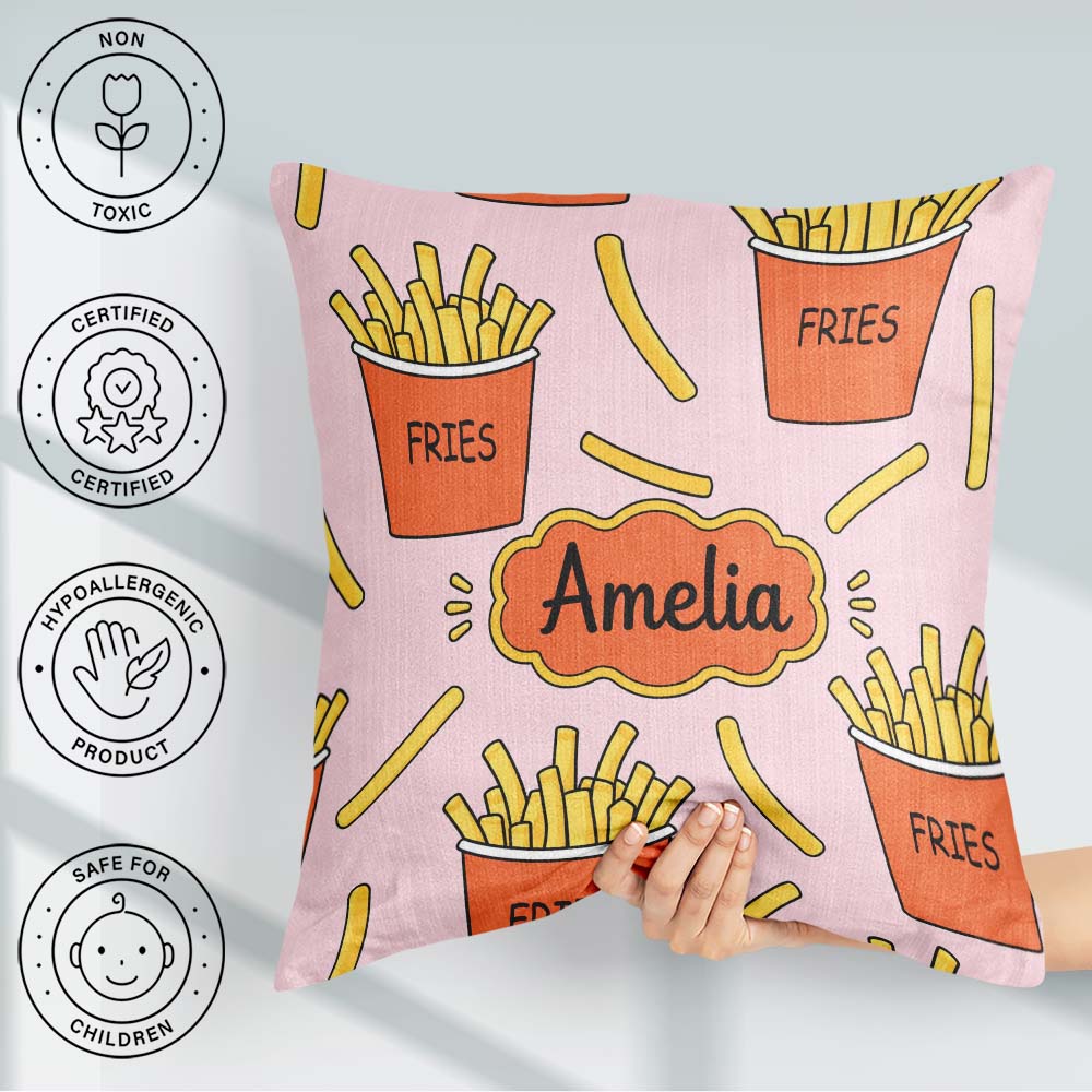 Custom Name Cute Kawaii French Fries Soft Pink Seamless Pattern Square Filled Cushion Throw Pillow Sofa Bed Home Decor Zip Washable UK Made