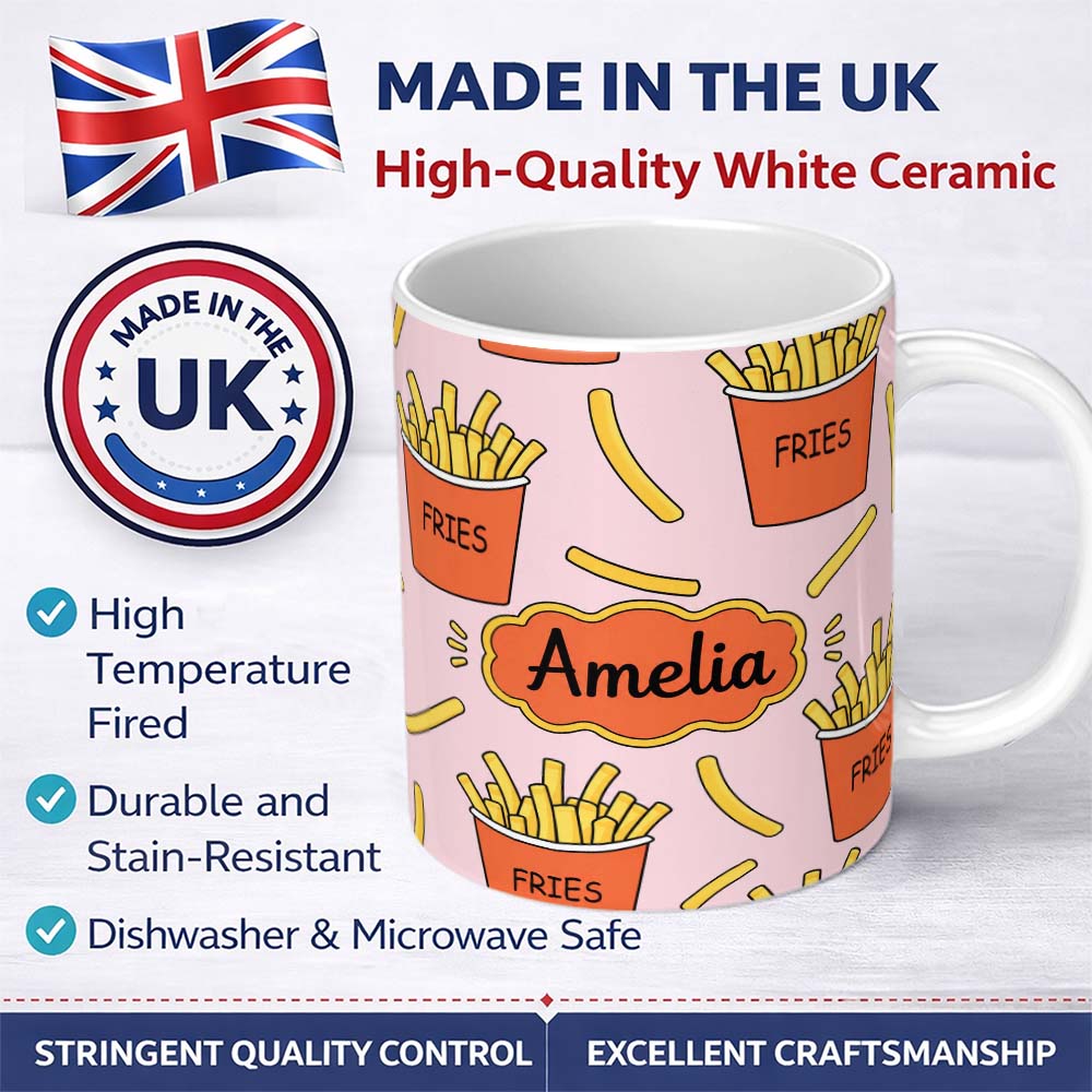 Personalized Custom Name Cute Kawaii French Fries Soft Pink Background Seamless Pattern 11oz Ceramic Coffee Tea Mug White Large Handle