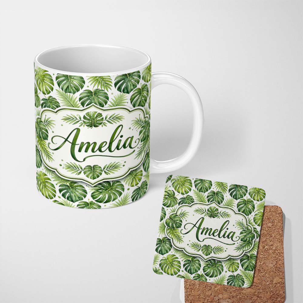 Personalized Custom Name Classic Green Monstera and Palm Leaves Tropical Seamless Pattern 11oz Ceramic Coffee Tea Mug White Large Handle