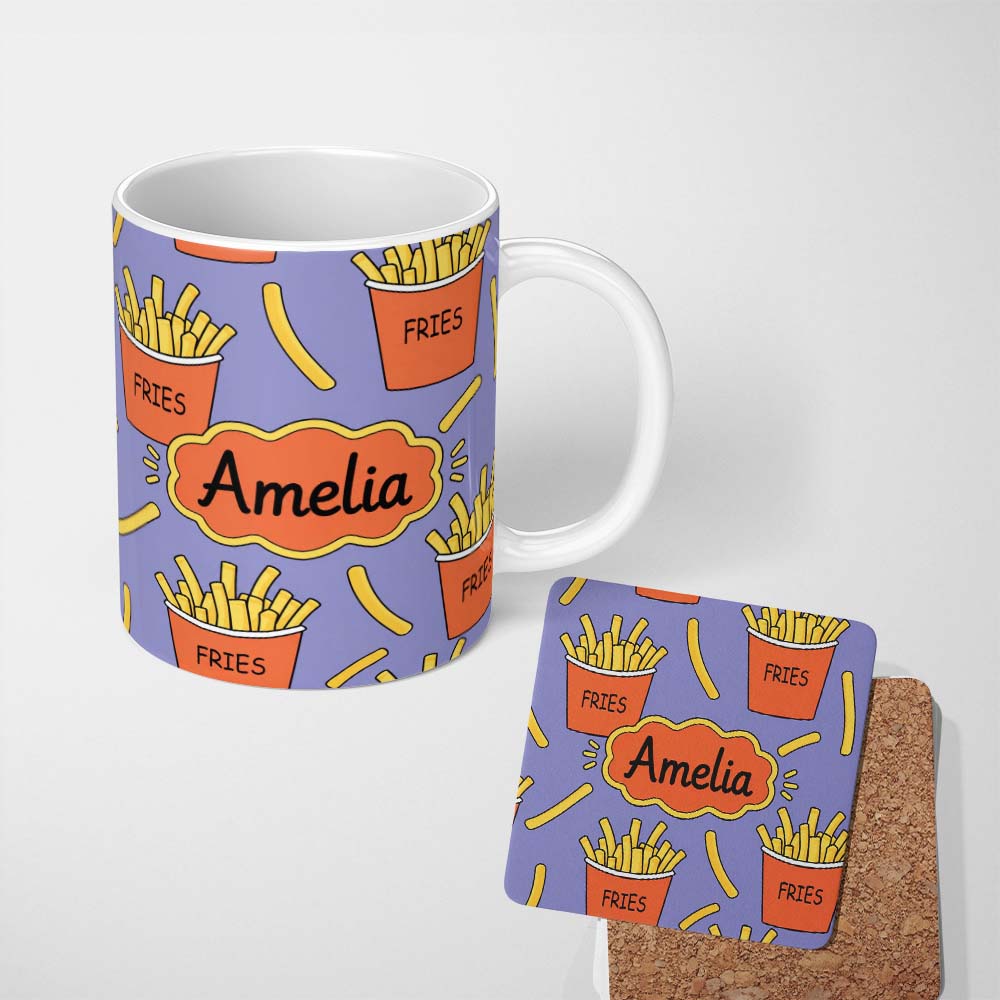 Personalized Custom Name Cute French Fries Seamless Pattern Purple Background Name Unique 11oz Ceramic Coffee Tea Mug White Large Handle