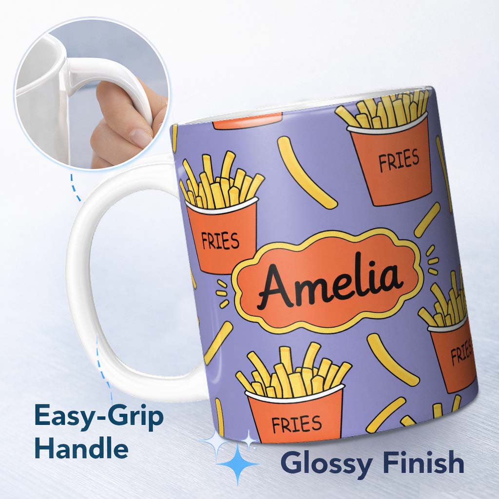 Personalized Custom Name Cute French Fries Seamless Pattern Purple Background Name Unique 11oz Ceramic Coffee Tea Mug White Large Handle