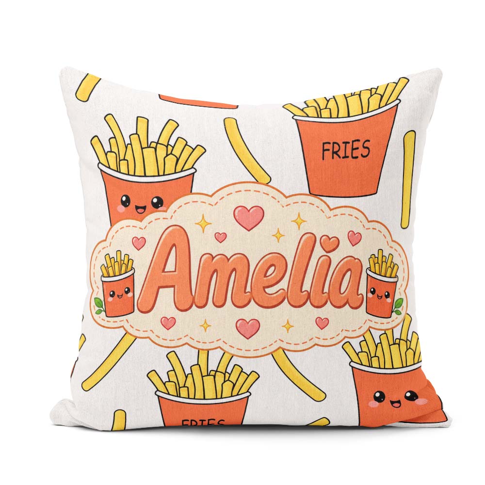Custom Name Cute French Fries Seamless Pattern Grey Background Square Filled Cushion Throw Pillow Sofa Bed Home Decor Zip Washable UK Made
