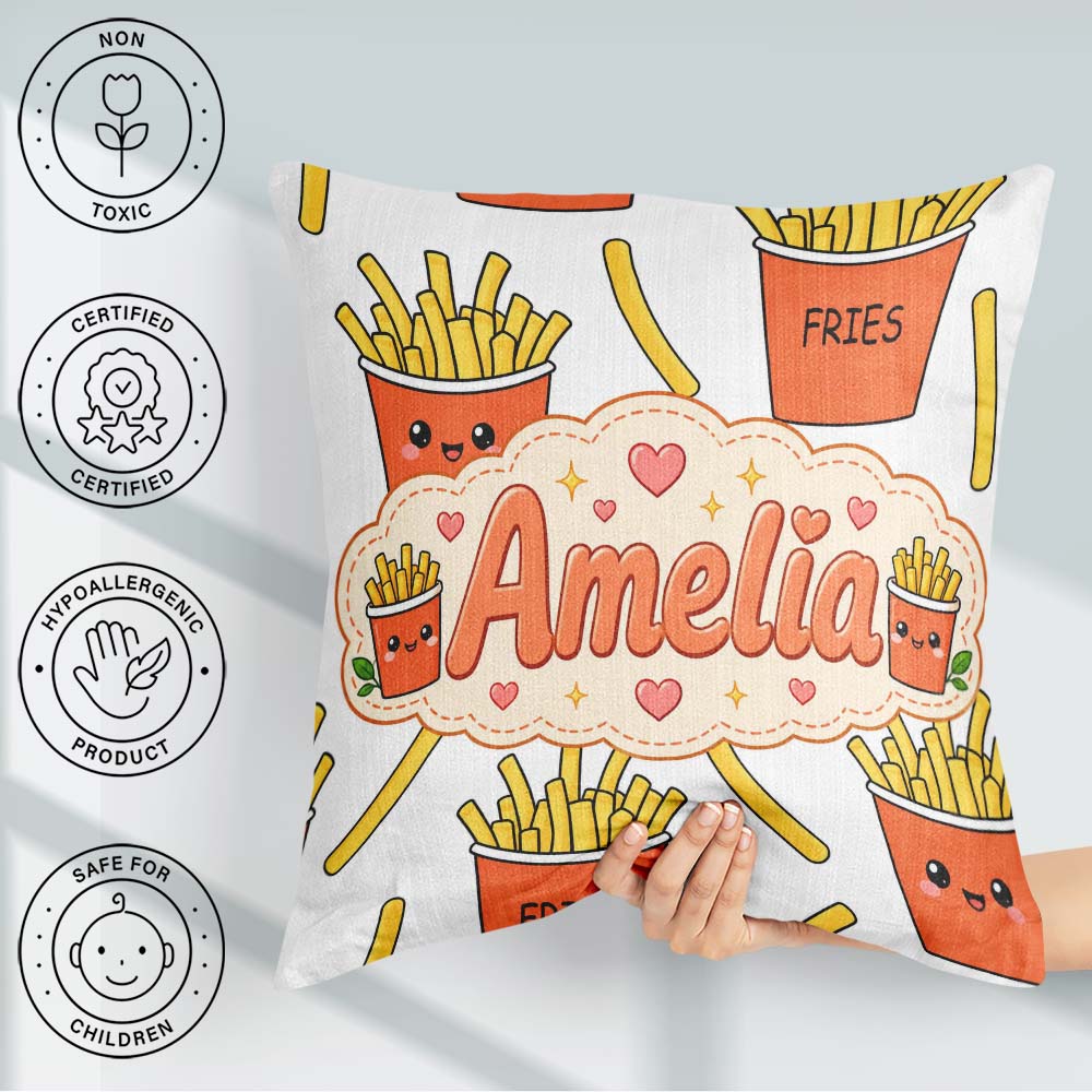 Custom Name Cute French Fries Seamless Pattern Grey Background Square Filled Cushion Throw Pillow Sofa Bed Home Decor Zip Washable UK Made