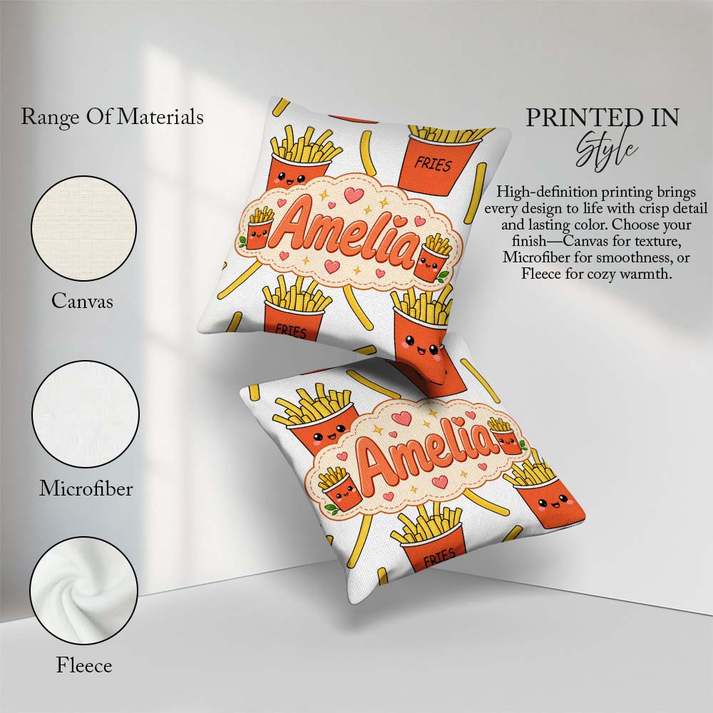 Custom Name Cute French Fries Seamless Pattern Grey Background Square Filled Cushion Throw Pillow Sofa Bed Home Decor Zip Washable UK Made