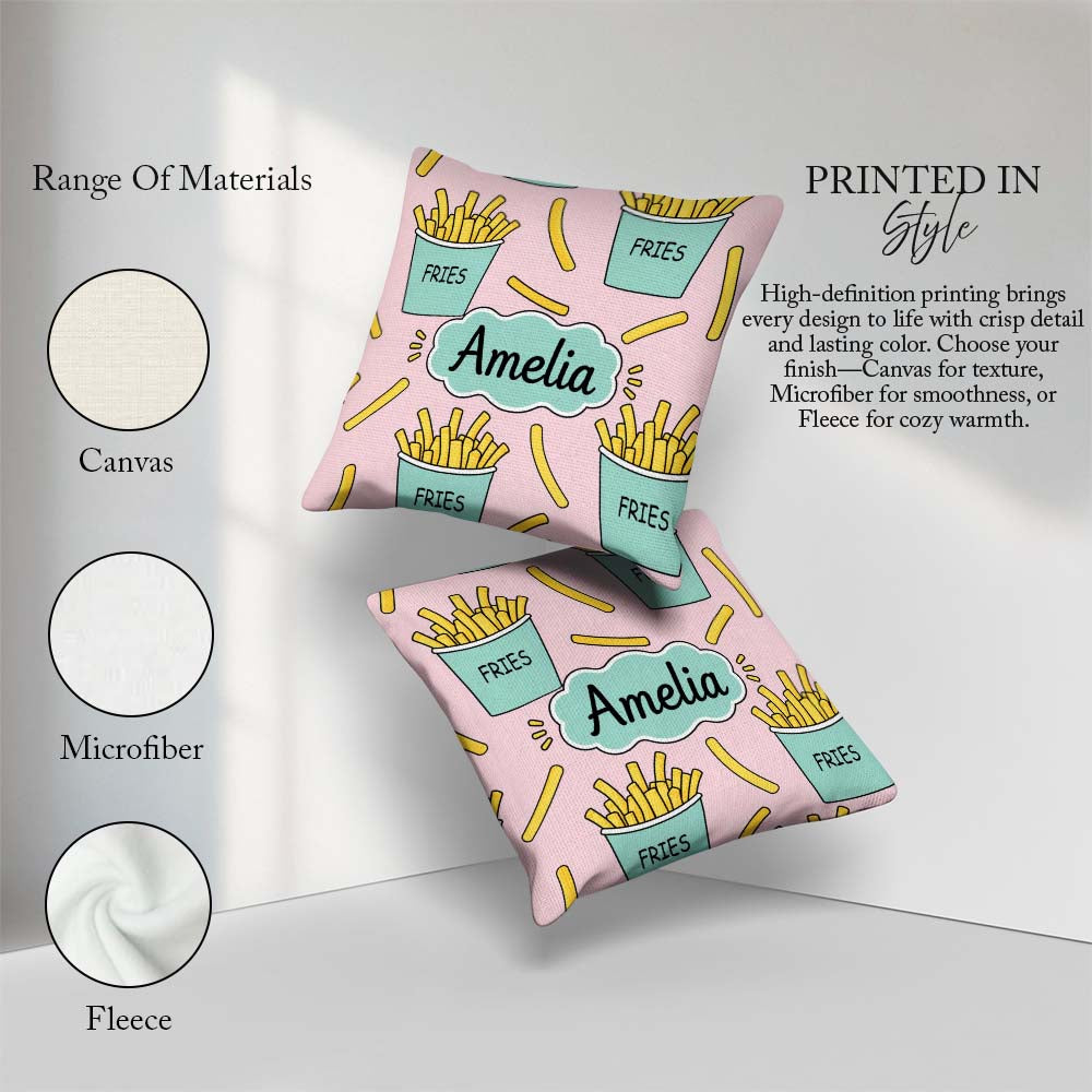 Custom Name Cute French Fries Seamless Pattern Pink Background Square Filled Cushion Throw Pillow Sofa Bed Home Decor Zip Washable UK Made