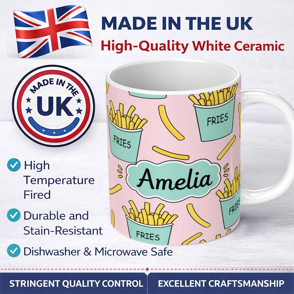 Personalized Custom Name Cute French Fries Seamless Pattern Pink Background Custom Name 11oz Ceramic Coffee Tea Mug White Large Handle