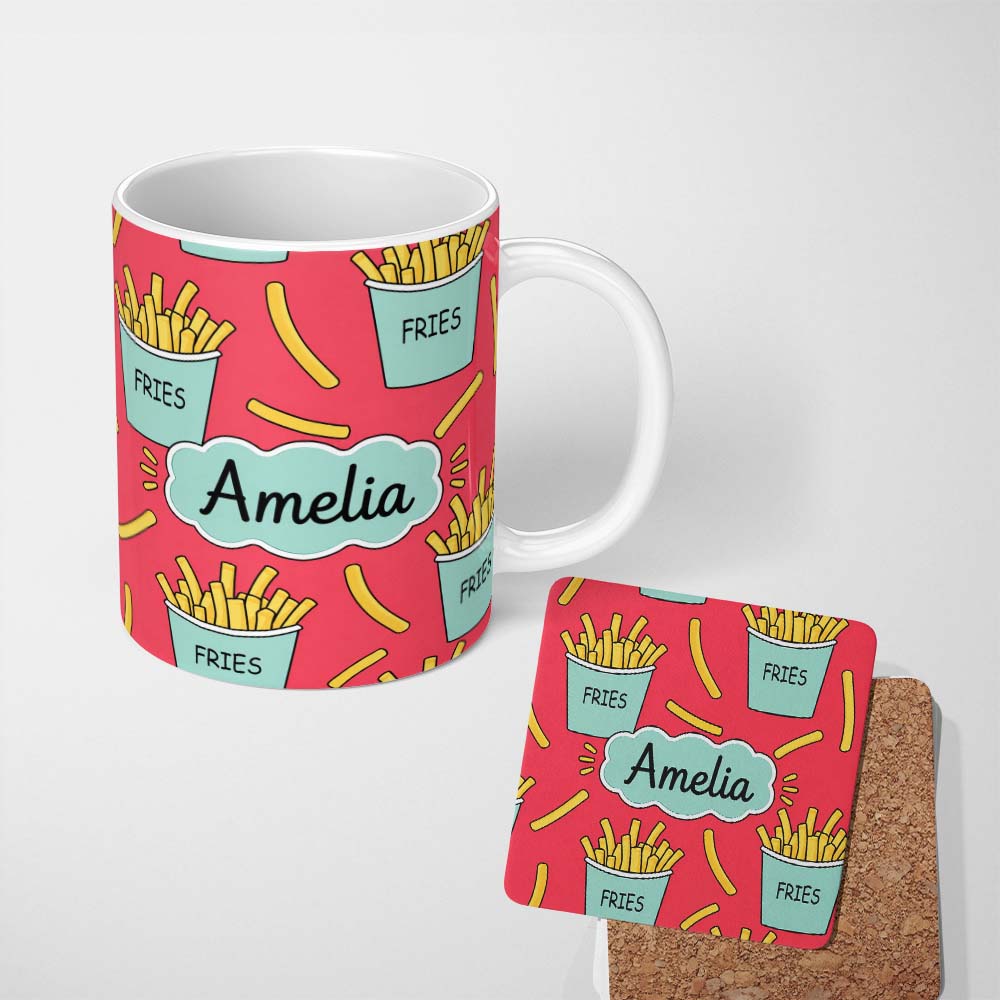 Personalized Custom Name Cute French Fries Seamless Pattern Red Background Name Unique Gift 11oz Ceramic Coffee Tea Mug White Large Handle