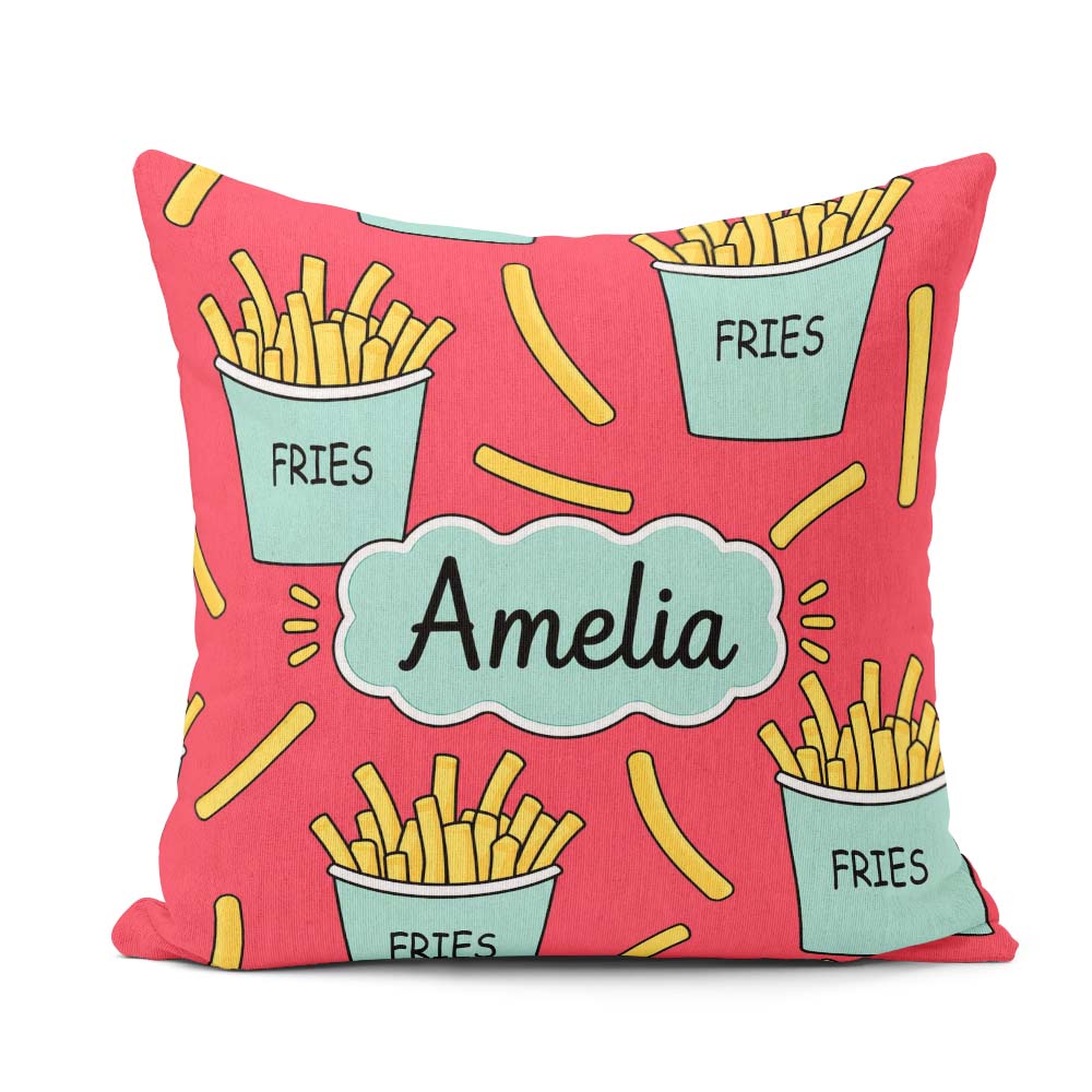 Custom Name French Fries Seamless Pattern Red Background Name Square Filled Cushion Throw Pillow Sofa Bed Home Decor Zip Washable UK Made