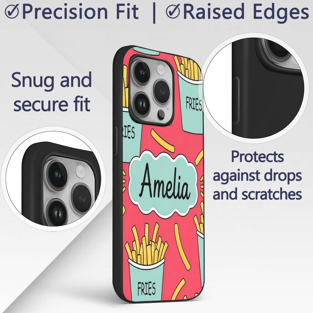 Cute French Fries Seamless Pattern Red Background Custom Name Protective Phone Case Mobile Cover Durable Everyday Smartphone Shock Resistant