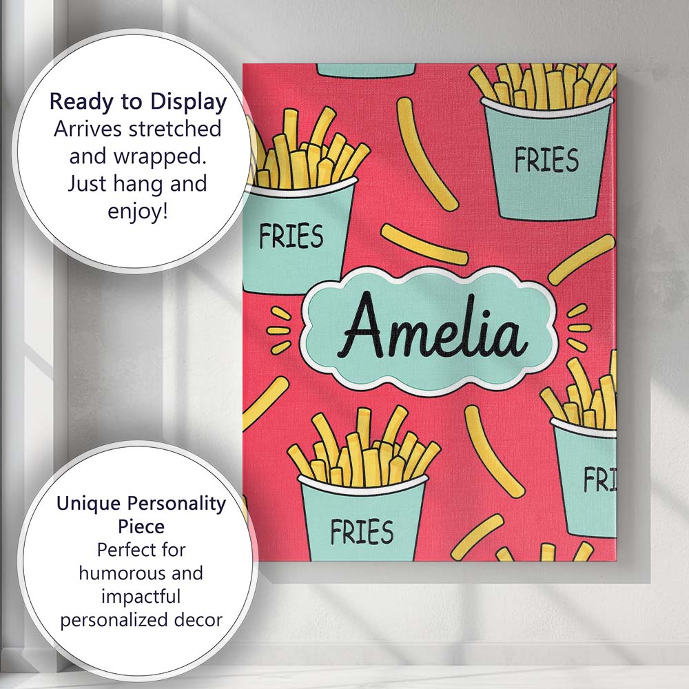 Personalised Name Cute French Fries Seamless Custom Bespoke Contemporary Display Canvas Wall Art Print Decor Picture Ready to Hang