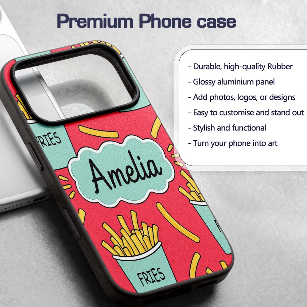 Cute French Fries Seamless Pattern Red Background Custom Name Protective Phone Case Mobile Cover Durable Everyday Smartphone Shock Resistant