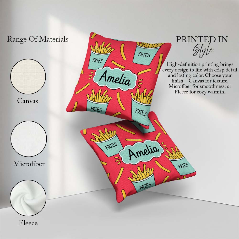 Custom Name French Fries Seamless Pattern Red Background Name Square Filled Cushion Throw Pillow Sofa Bed Home Decor Zip Washable UK Made