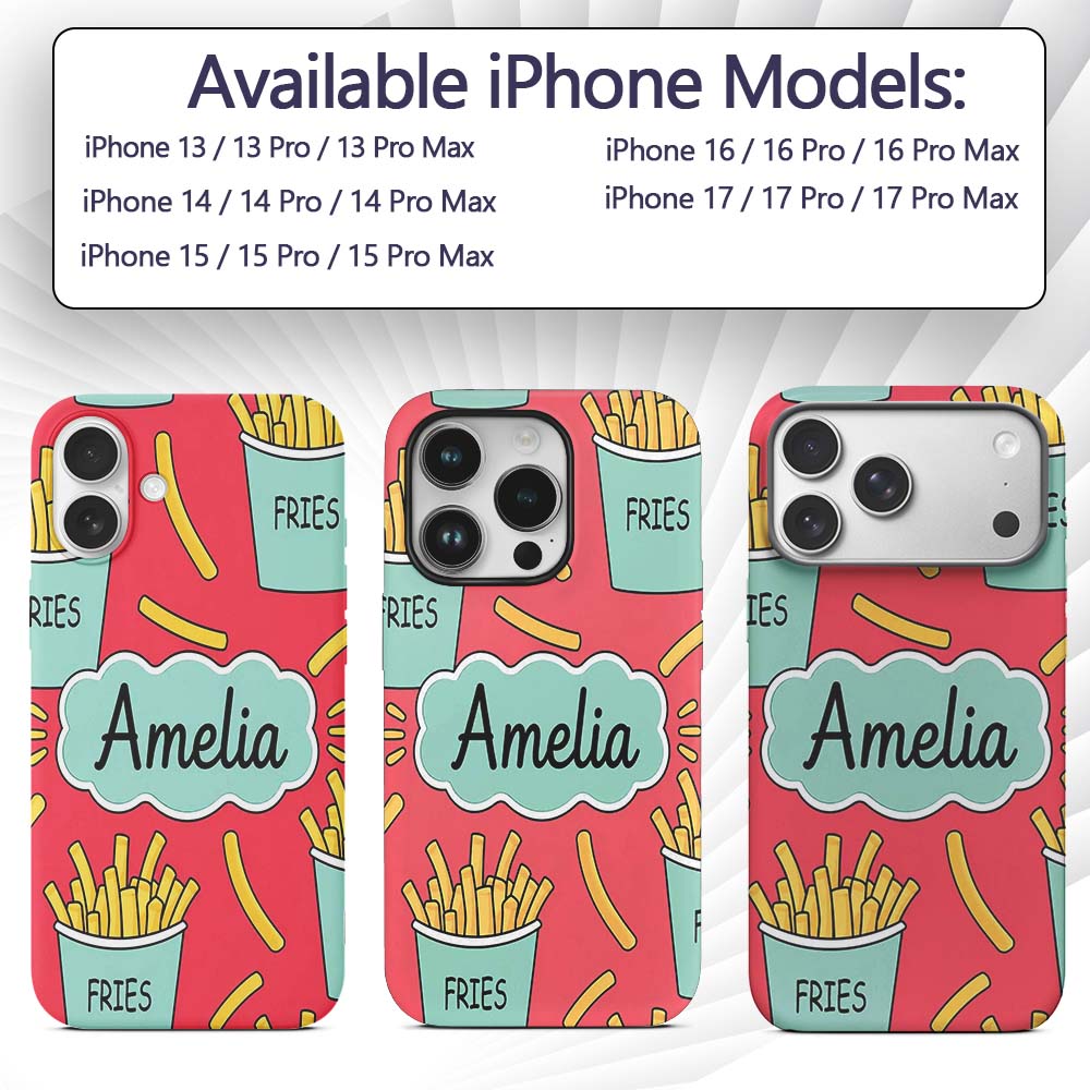 Cute French Fries Seamless Pattern Red Background Custom Name Protective Phone Case Mobile Cover Durable Everyday Smartphone Shock Resistant