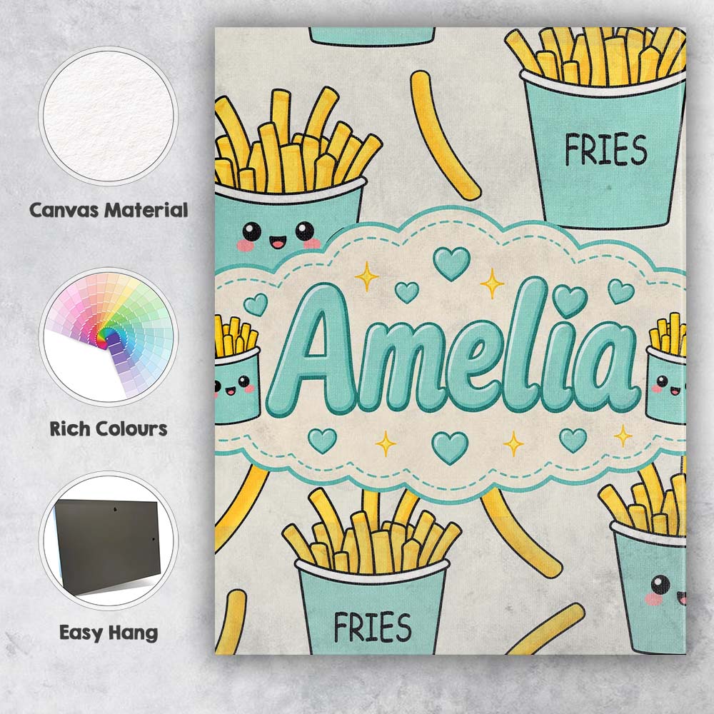 Personalised Name Cute French Fries Seamless Custom Bespoke Contemporary Display Canvas Wall Art Print Decor Picture Ready to Hang
