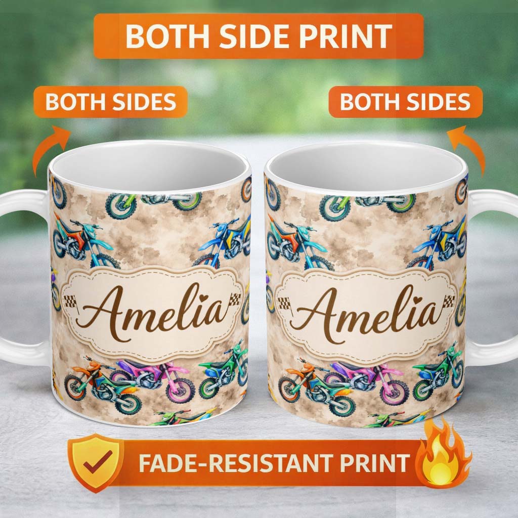 Personalized Custom Name Colorful Kids Dirt Bike Motocross Seamless Pattern on Beige Lovely 11oz Ceramic Coffee Tea Mug White Large Handle