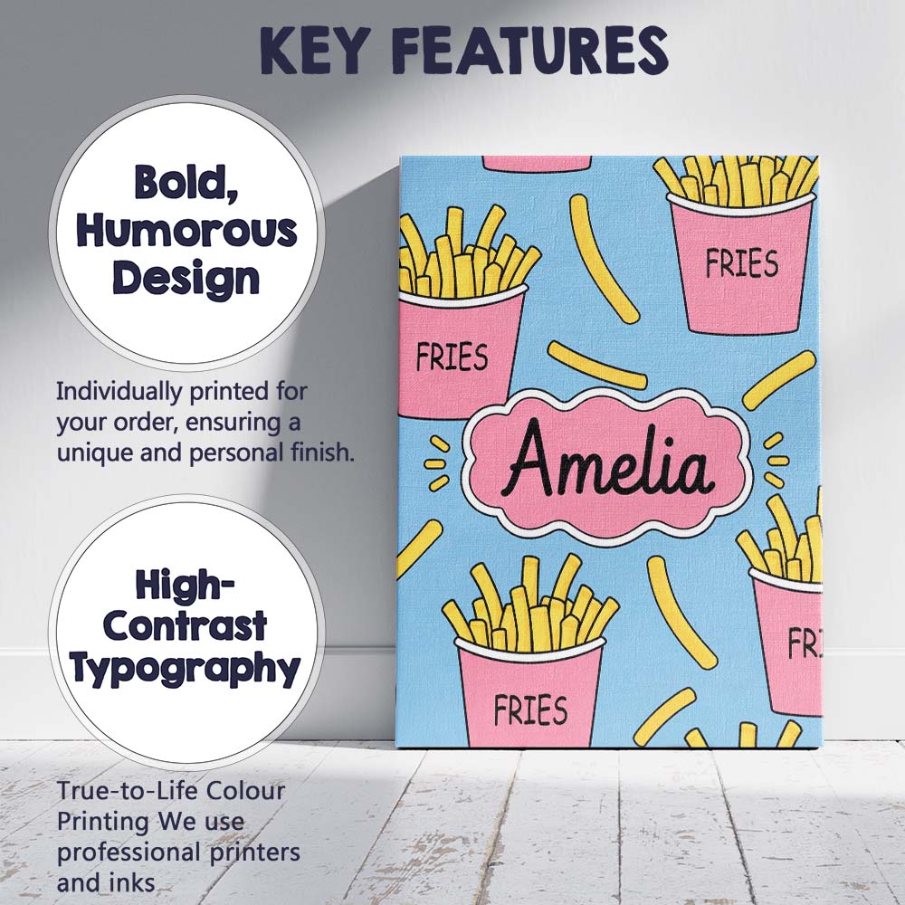 Personalised Name Cute French Fries Seamless Custom Bespoke Contemporary Display Canvas Wall Art Print Decor Picture Ready to Hang