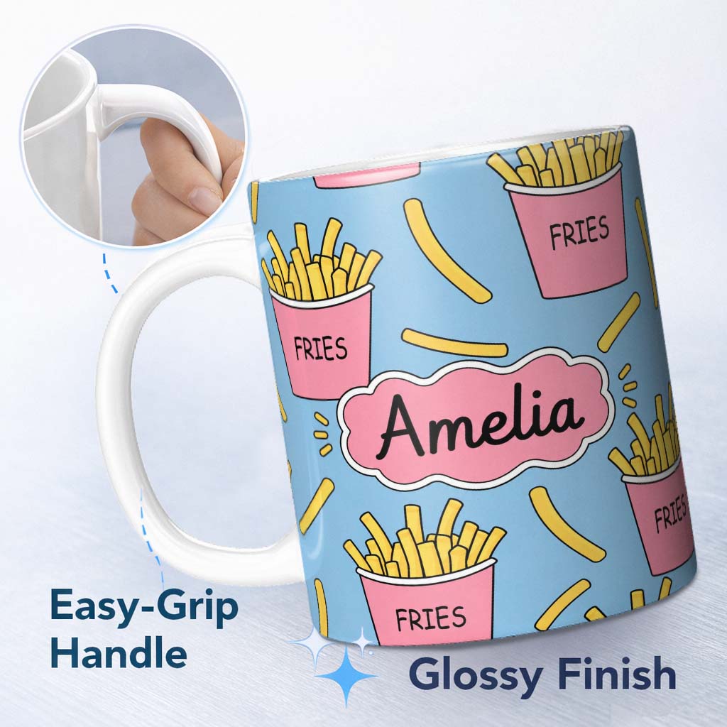 Personalized Custom Name Cute French Fries Seamless Pattern Blue Background Custom Name 11oz Ceramic Coffee Tea Mug White Large Handle