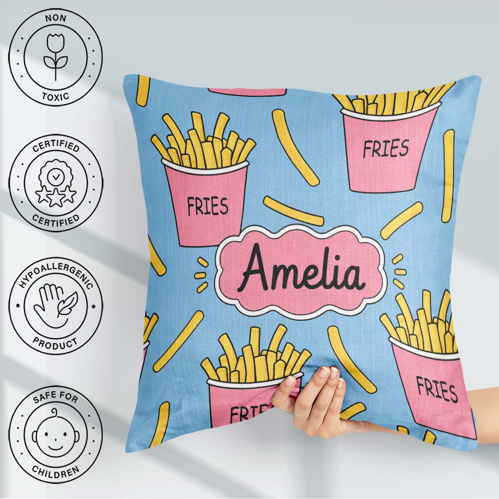 Custom Name Cute French Fries Seamless Pattern Blue Background Square Filled Cushion Throw Pillow Sofa Bed Home Decor Zip Washable UK Made