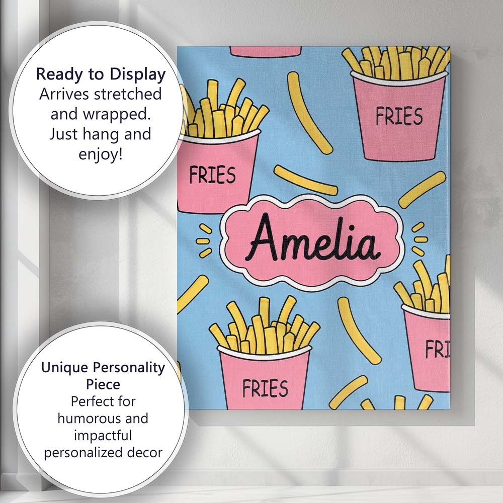 Personalised Name Cute French Fries Seamless Custom Bespoke Contemporary Display Canvas Wall Art Print Decor Picture Ready to Hang