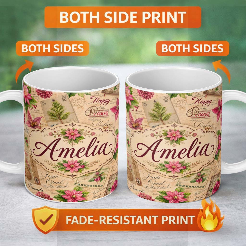Personalized Custom Name Vintage Christmas Letters Poinsettia Floral Collage Festive Holiday 11oz Ceramic Coffee Tea Mug White Large Handle