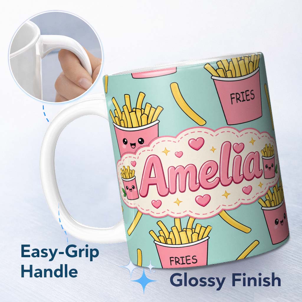 Personalized Custom Name Cute French Fries Seamless Pattern Teal Background Custom Name 11oz Ceramic Coffee Tea Mug White Large Handle
