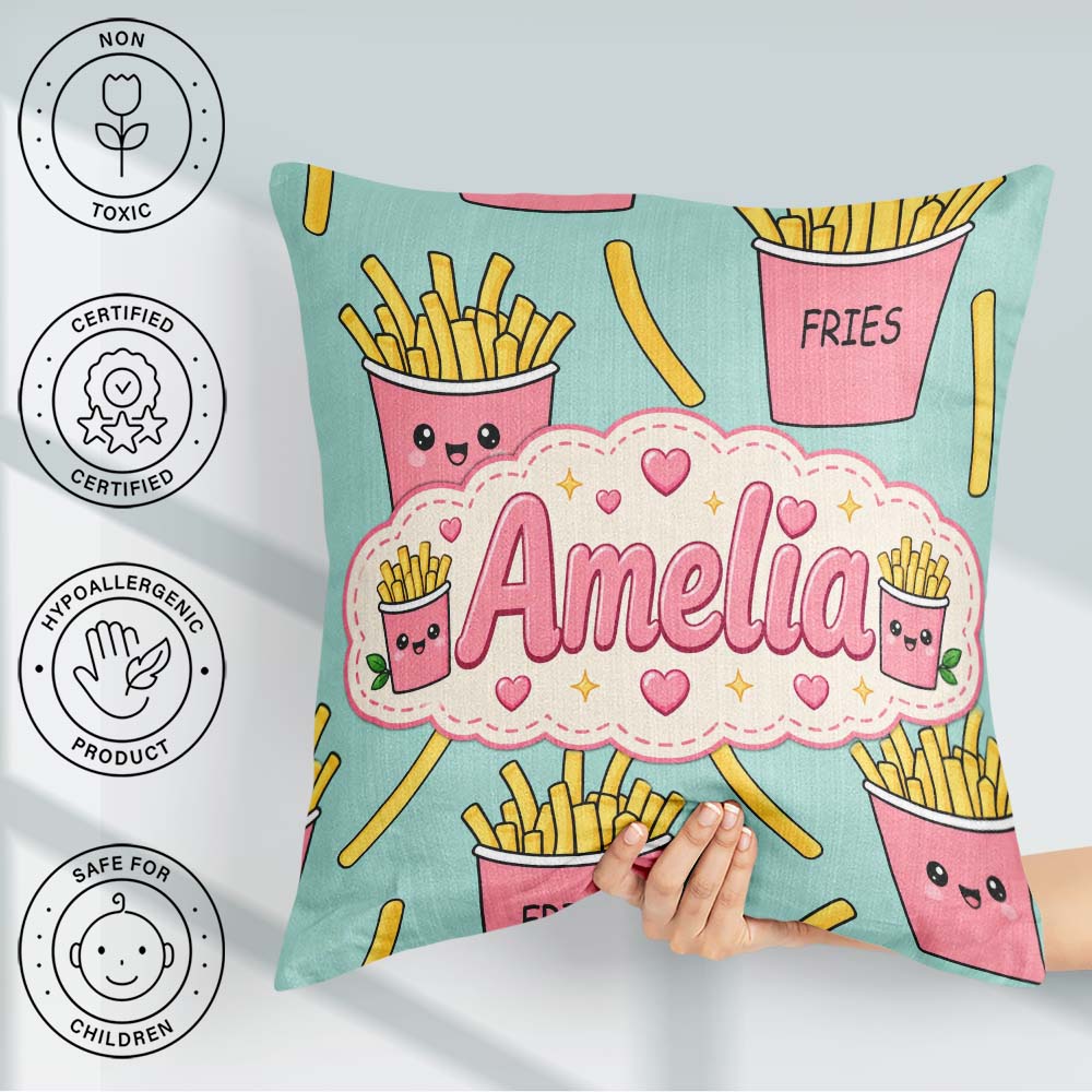 Custom Name Cute French Fries Seamless Pattern Teal Background Square Filled Cushion Throw Pillow Sofa Bed Home Decor Zip Washable UK Made