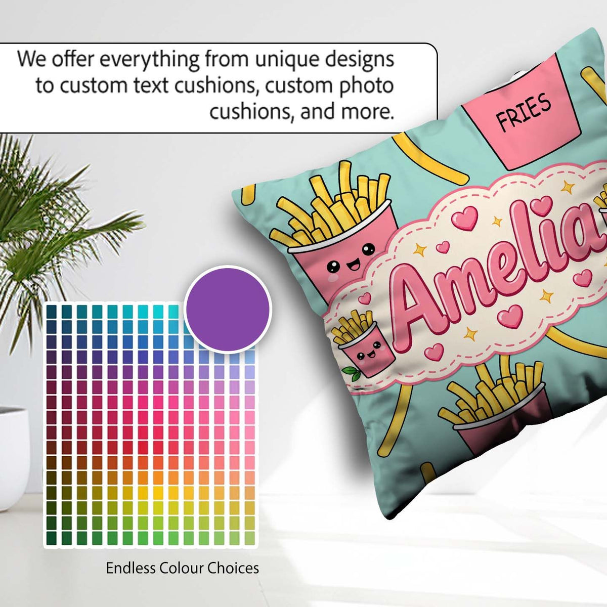 Custom Name Cute French Fries Seamless Pattern Teal Background Square Filled Cushion Throw Pillow Sofa Bed Home Decor Zip Washable UK Made