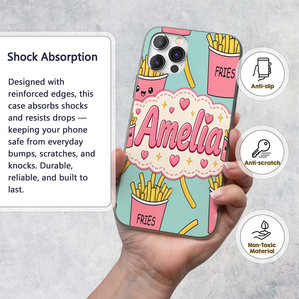 Cute French Fries Seamless Pattern Printed Design Custom Name Protective Phone Case Mobile Cover Durable Everyday Smartphone Shock Resistant