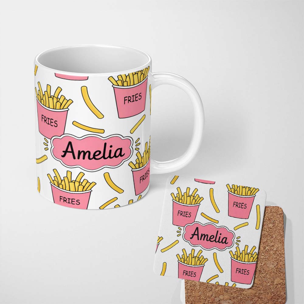 Personalized Custom Name Cute French Fries Seamless Pattern Soft Grey Background Name Unique 11oz Ceramic Coffee Tea Mug White Large Handle