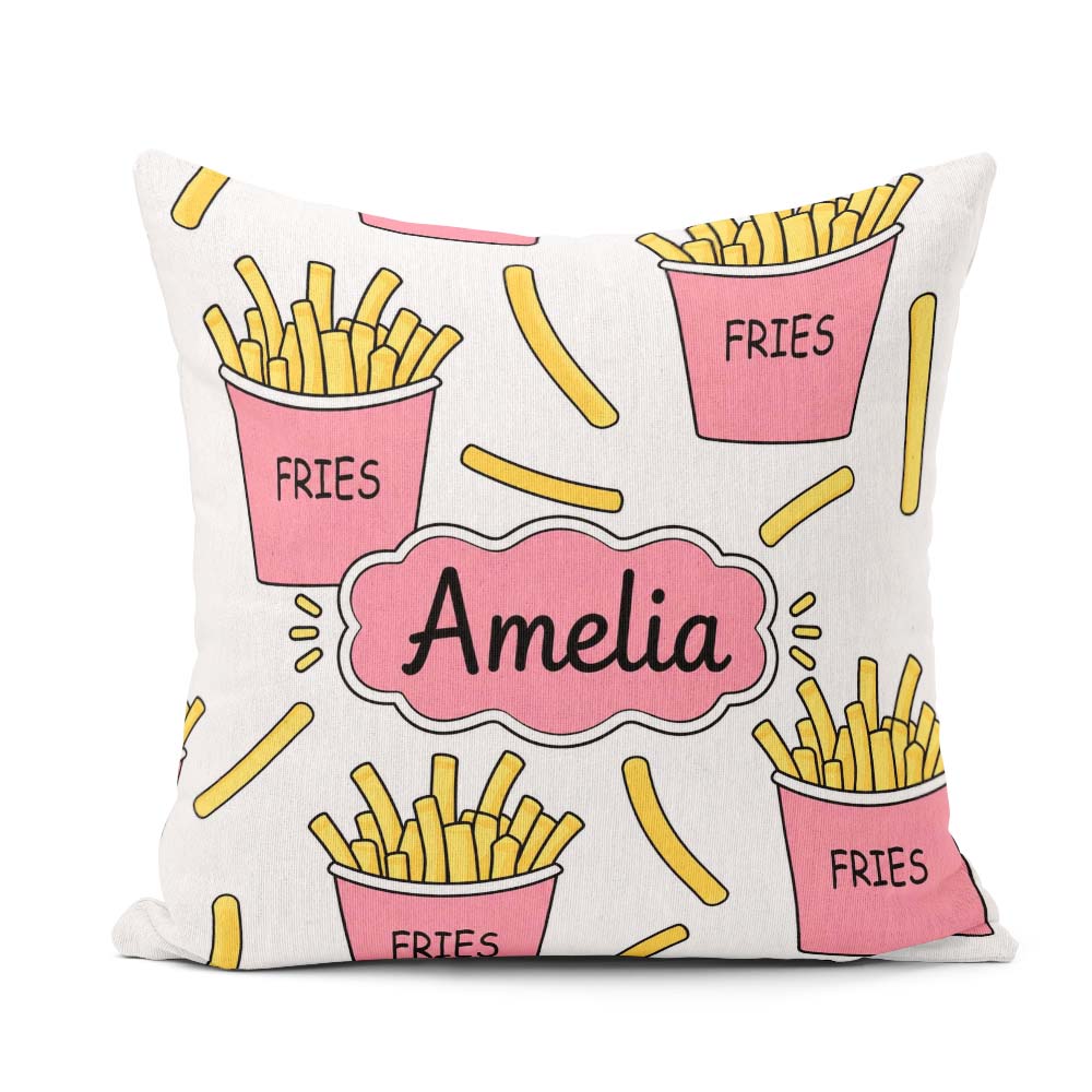 Custom Name Cute French Fries Seamless Soft Grey Background Name Square Filled Cushion Throw Pillow Sofa Bed Home Decor Zip Washable UK Made