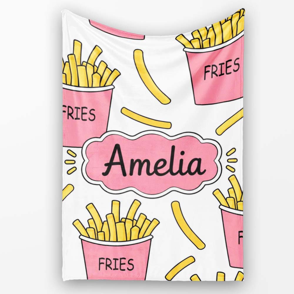 Cute French Fries Seamless Pattern Soft Grey Background Name Unique Personalised Custom Name Super Soft Fleece Blanket Bed Sofa Throw