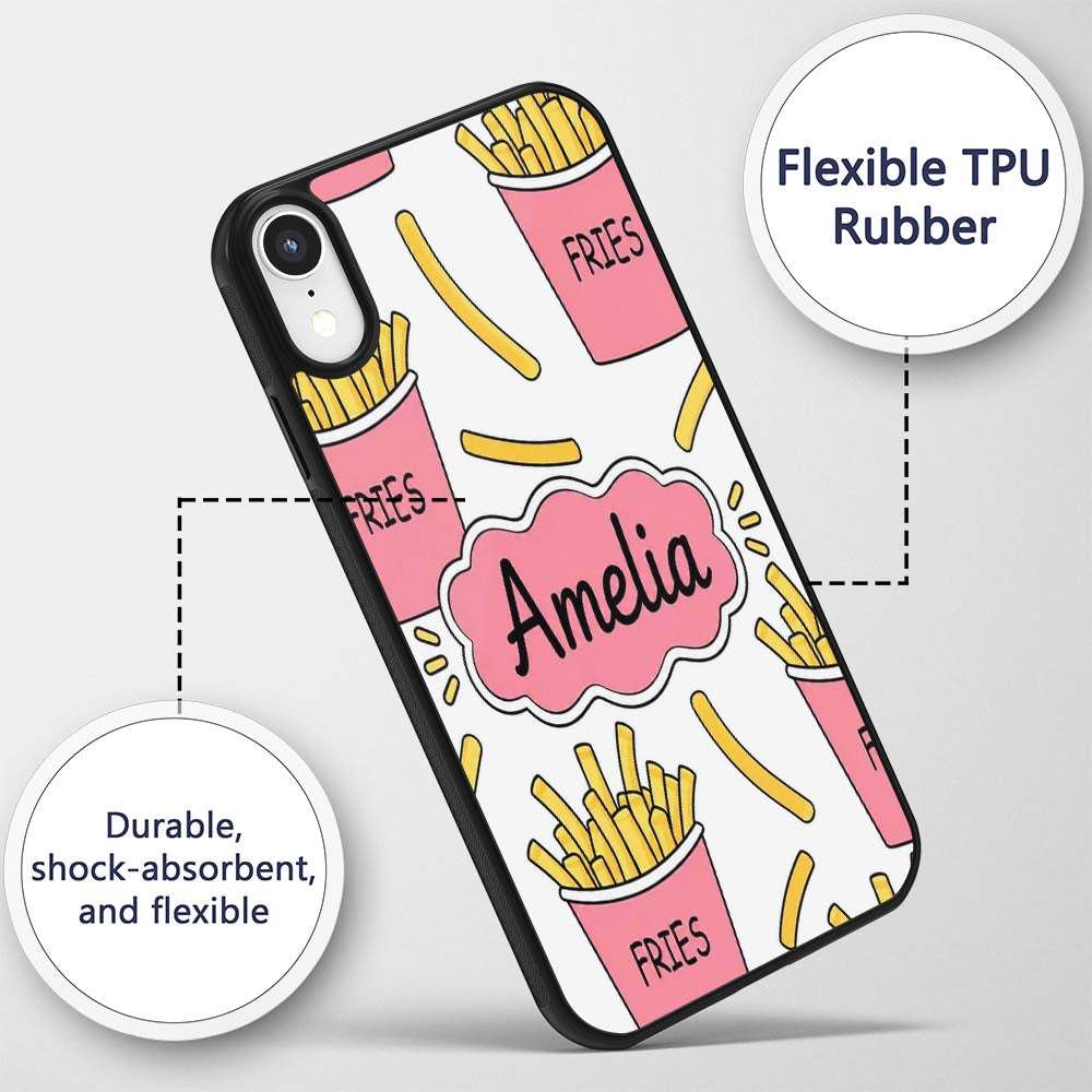 Cute French Fries Seamless Pattern Soft Grey Custom Name Protective Phone Case Mobile Cover Durable Everyday Smartphone Shock Resistant