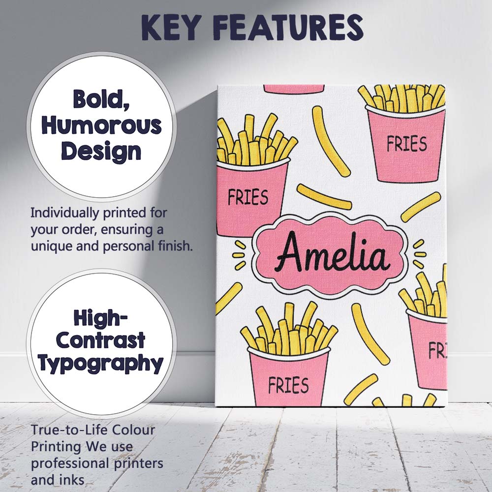 Personalised Name Cute French Fries Seamless Custom Bespoke Contemporary Display Canvas Wall Art Print Decor Picture Ready to Hang