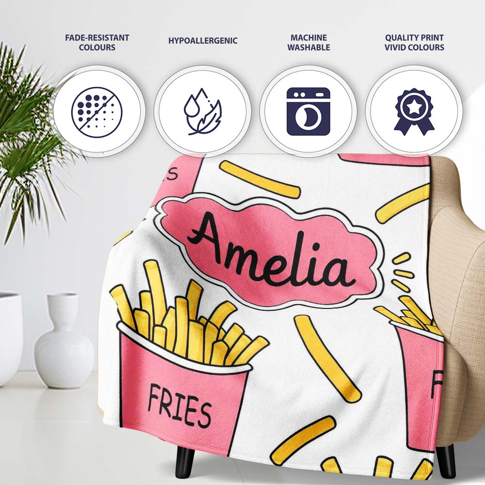 Cute French Fries Seamless Pattern Soft Grey Background Name Unique Personalised Custom Name Super Soft Fleece Blanket Bed Sofa Throw