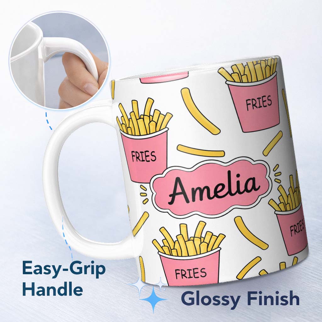 Personalized Custom Name Cute French Fries Seamless Pattern Soft Grey Background Name Unique 11oz Ceramic Coffee Tea Mug White Large Handle