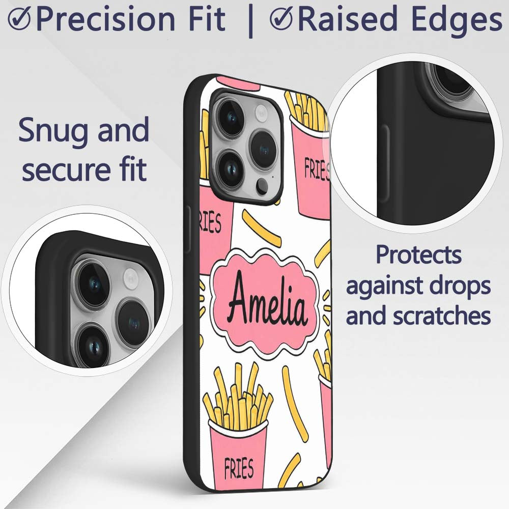 Cute French Fries Seamless Pattern Soft Grey Custom Name Protective Phone Case Mobile Cover Durable Everyday Smartphone Shock Resistant