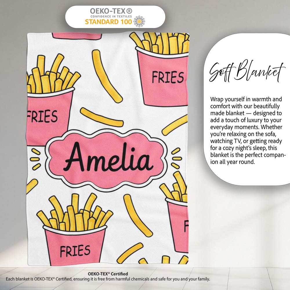 Cute French Fries Seamless Pattern Soft Grey Background Name Unique Personalised Custom Name Super Soft Fleece Blanket Bed Sofa Throw