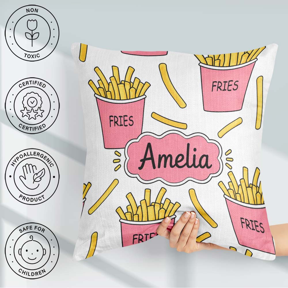 Custom Name Cute French Fries Seamless Soft Grey Background Name Square Filled Cushion Throw Pillow Sofa Bed Home Decor Zip Washable UK Made