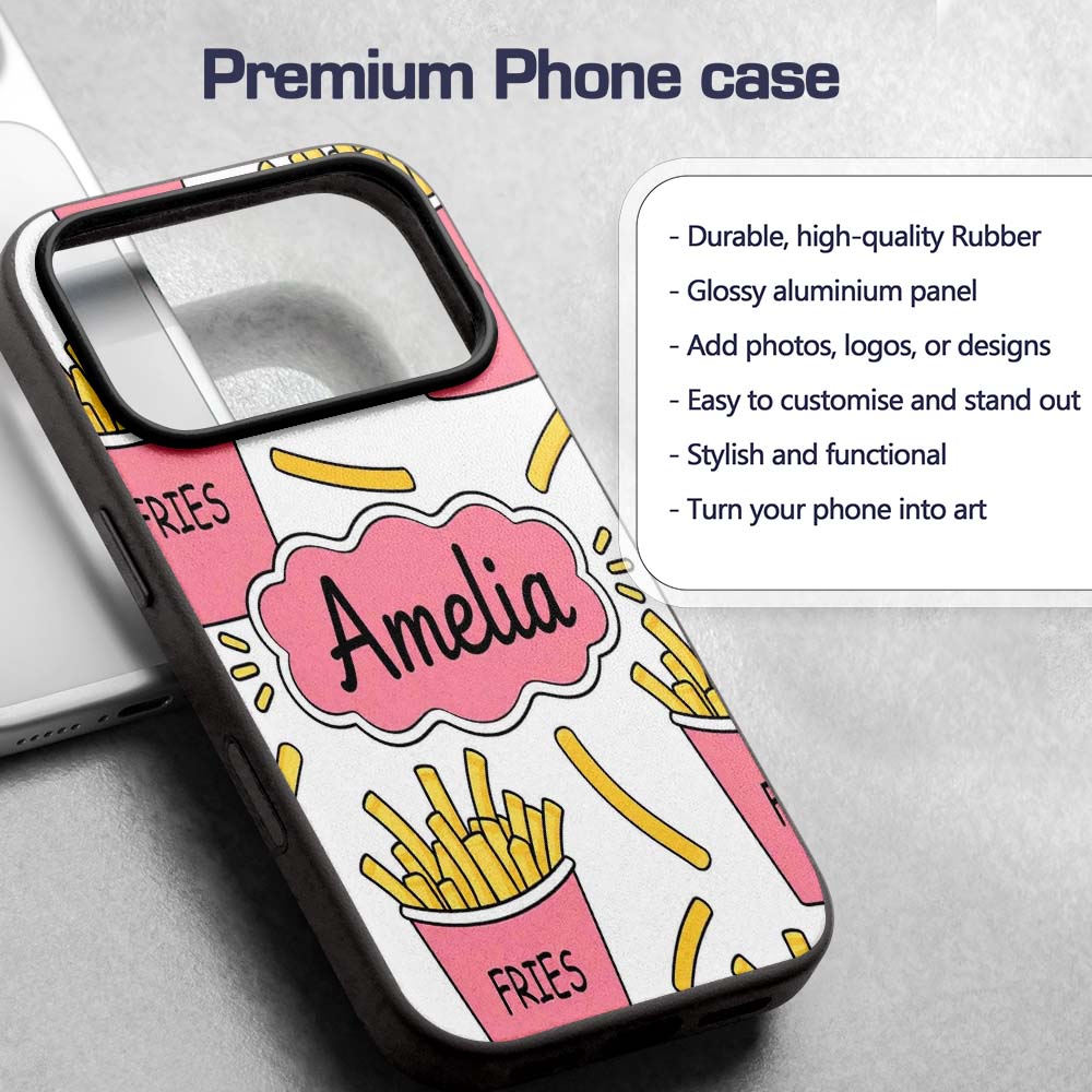 Cute French Fries Seamless Pattern Soft Grey Custom Name Protective Phone Case Mobile Cover Durable Everyday Smartphone Shock Resistant