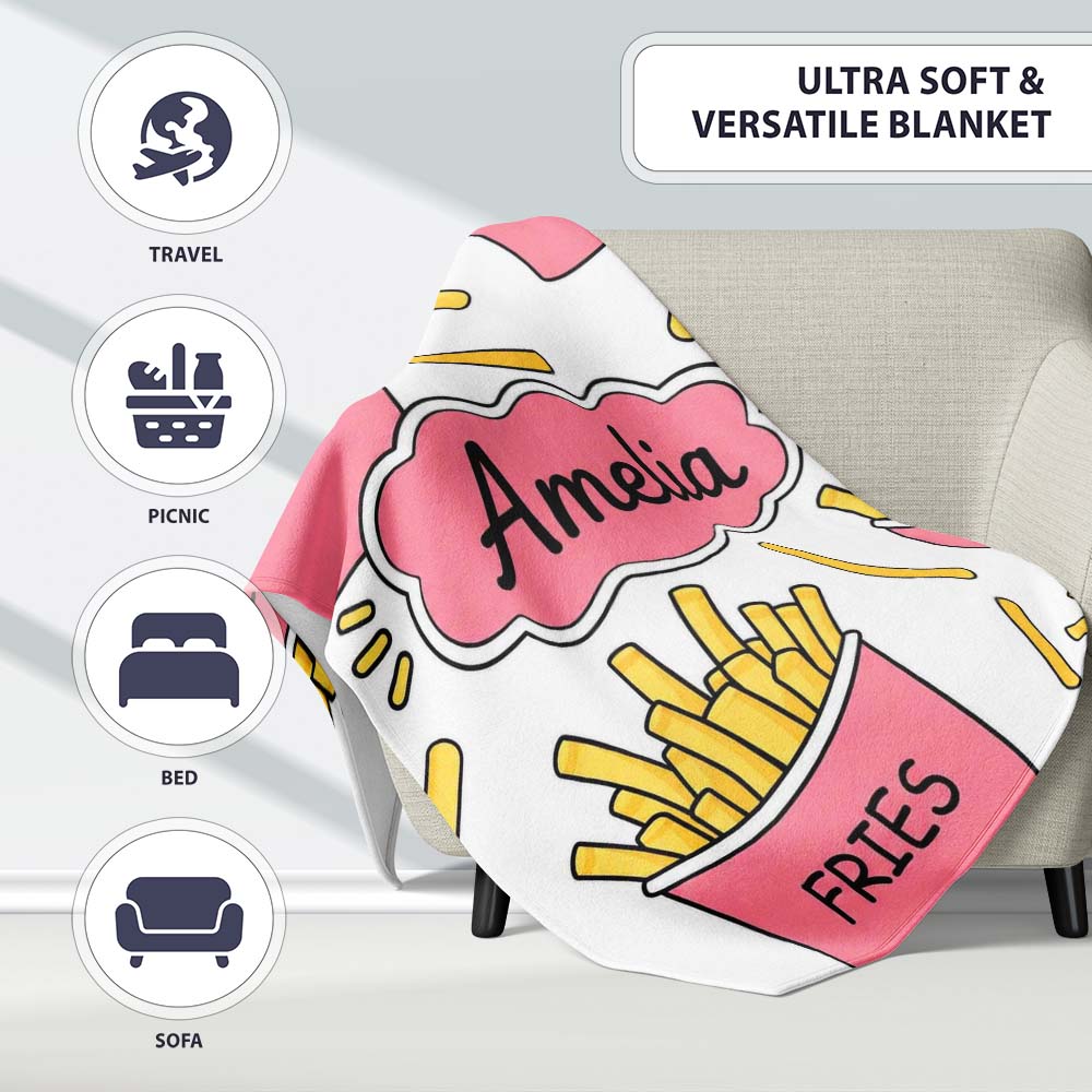 Cute French Fries Seamless Pattern Soft Grey Background Name Unique Personalised Custom Name Super Soft Fleece Blanket Bed Sofa Throw