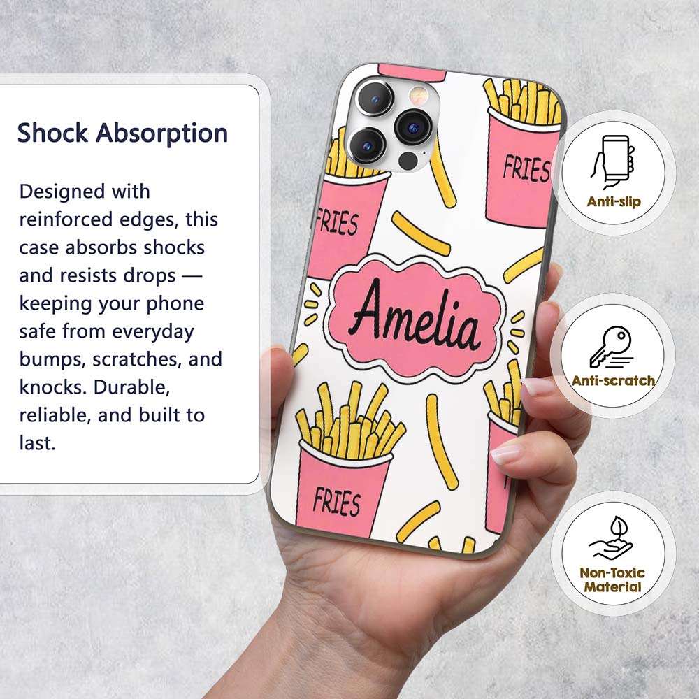 Cute French Fries Seamless Pattern Soft Grey Custom Name Protective Phone Case Mobile Cover Durable Everyday Smartphone Shock Resistant