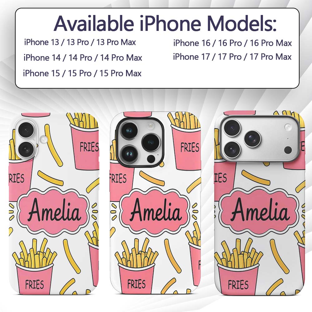 Cute French Fries Seamless Pattern Soft Grey Custom Name Protective Phone Case Mobile Cover Durable Everyday Smartphone Shock Resistant