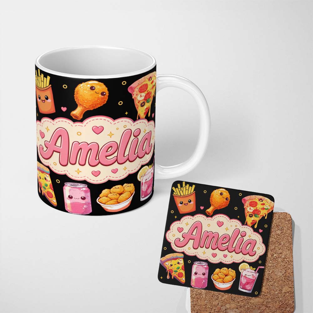 Personalized Custom Name Cute Kawaii Fast Food Pattern with Pizza Fries Chicken Soda Black 11oz Ceramic Coffee Tea Mug White Large Handle