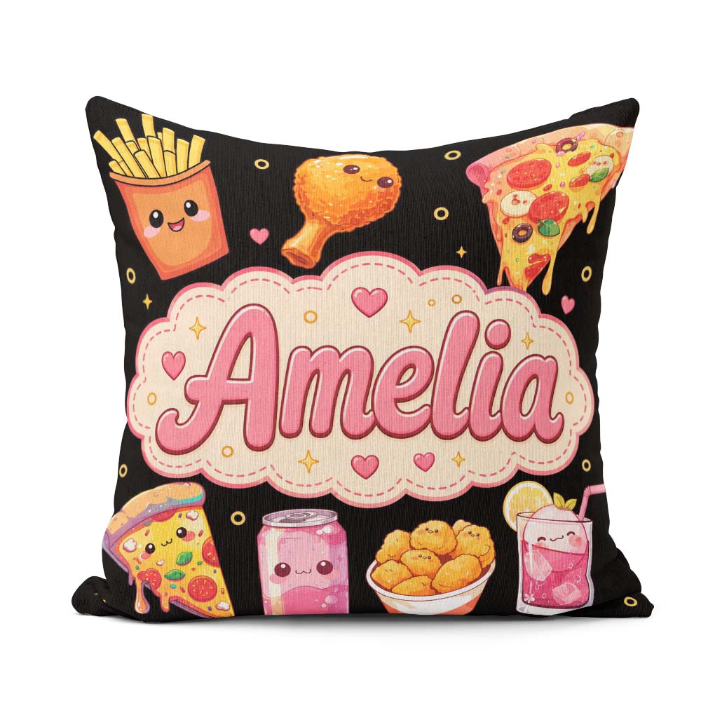 Custom Name Kawaii Fast Food Pattern with Pizza Fries Soda Black Square Filled Cushion Throw Pillow Sofa Bed Home Decor Zip Washable UK Made